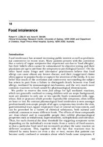 18  Food intolerance Robert H. LOBLAY and Anne R. SWAIN Clinical Immunology Research Centre, University of Sydney, NSW 2006; and Department of Dietetics, Royal Prince Alfred Hospital, Sydney, NSW 2050, Australia.