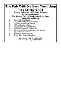 The Pub With No Beer Woodchop TAYLORS ARM Sunday 1st June, 2003. Start 11.00am In conjunction with ‘The Annual Trek to The Pub With No Beer’ $1,000 Prize Money