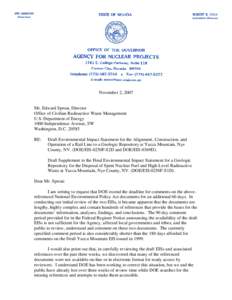 Letter from Bob Loux to OCRWM Director Ward Sproat Requesting a 60 day Extension of the Comment Period for the Draft Supplemental Yucca Mountain EIS and the Draft Rail Alignment EIS