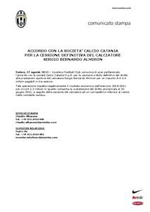 ACCORDO CON LA SOCIETA’ CALCIO CATANIA PER LA CESSIONE DEFINITIVA DEL CALCIATORE SERGIO BERNARDO ALMIRON