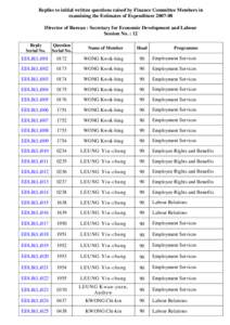 Replies to initial written questions raised by Finance Committee Members in examining the Estimates of Expenditure[removed]Director of Bureau : Secretary for Economic Development and Labour Session No. : 12 Reply Serial 