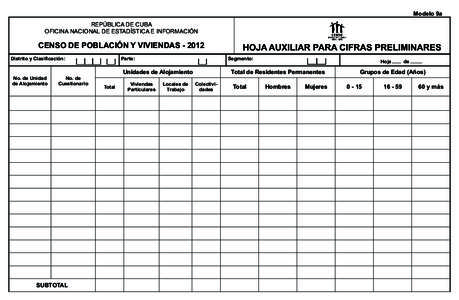 Modelo 9a REPÚBLICA DE CUBA OFICINA NACIONAL DE ESTADÍSTICA E INFORMACIÓN CENSO DE POBLACIÓN Y VIVIENDAS[removed]Distrito y Clasificación: