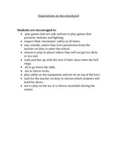 Expectations on the schoolyard  Students are encouraged to:  play games that are safe and not to play games that promote violence and fighting.  respect their classmates’ safety at all times.