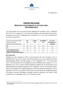 27 October[removed]PRESS RELEASE MONETARY DEVELOPMENTS IN THE EURO AREA: SEPTEMBER 2014 The annual growth rate of the broad monetary aggregate M3 increased to 2.5% in September