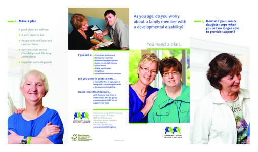 As you age, do you worry about a family member with a developmental disability? a: Make a plan A good plan can address: