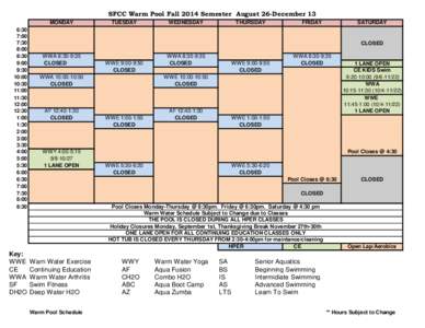 SFCC Warm Pool Fall 2014 Semester August 26-December 13 MONDAY 6:30 7:00 7:30 8:00