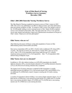 State of Ohio Board of Nursing Workforce Survey Summary December 2004 Ohio’sStatewide Nursing Workforce Survey The Ohio Board of Nursing completed an extensive survey of Ohio’s nurses inThis su