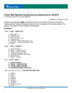 Fannie Mae National Housing Survey Questionnaire, Q4-2012 In Partnership with Penn Schoen Berland Published on: October 17, 2013 Questions highlighted in grey are asked only during one quarter of the year as part of a ro