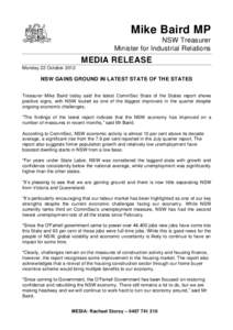 Mike Baird MP NSW Treasurer Minister for Industrial Relations MEDIA RELEASE Monday 22 October 2012