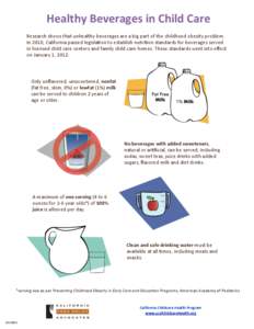  Healthy	
  Beverages	
  in	
  Child	
  Care Research	
  shows	
  that	
  unhealthy	
  beverages	
  are	
  a	
  big	
  part	
  of	
  the	
  childhood	
  obesity	
  problem.	
   In	
  2010,	
  Califor