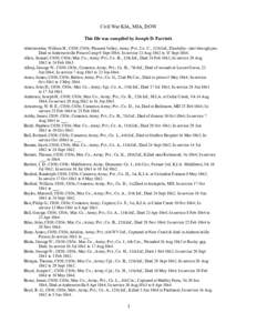 Civil War KIA, MIA, DOW This file was compiled by Joseph D. Parriott. Abercrombie, William H.; C050; C056; Pleasant Valley; Army; Pvt.; Co. C., 12th Inf., Disability- shot through jaw, Died at Andersonville Prison Camp 9