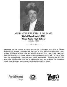 MHSA ATHLETES’ HALL OF FAME Vicki Heebner[removed]Three Forks High School Inducted[removed]Heebner set the career scoring records for both boys and girls at Three