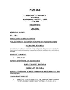 NOTICE COMPTON CITY COUNCIL AGENDA Wednesday, April 22, 2015 3:30 PM