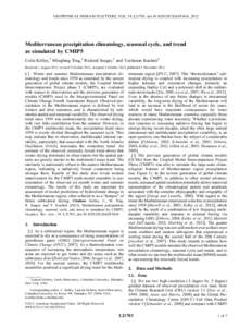 GEOPHYSICAL RESEARCH LETTERS, VOL. 39, L21703, doi:[removed]2012GL053416, 2012  Mediterranean precipitation climatology, seasonal cycle, and trend as simulated by CMIP5 Colin Kelley,1 Mingfang Ting,1 Richard Seager,1 and 