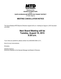 Meeting of the BOARD OF DIRECTORS of the SANTA BARBARA METROPOLITAN TRANSIT DISTRICT A Public Agency