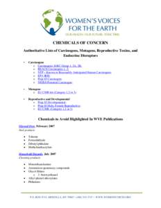 CHEMICALS OF CONCERN Authoritative Lists of Carcinogens, Mutagens, Reproductive Toxins, and Endocrine Disruptors •  Carcinogens