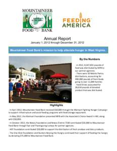 Annual Report January 1, 2012 through December 31, 2012 Mountaineer Food Bank’s mission to help alleviate hunger in West Virginia. By the Numbers - In 2012, 8,347,833 pounds of