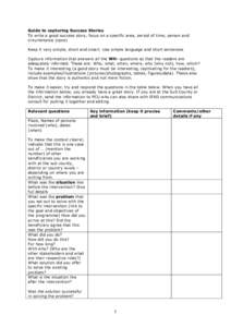 Guide to capturing Success Stories To write a good success story, focus on a specific area, period of time, person and circumstance (case) Keep it very simple, short and smart. Use simple language and short sentences Cap