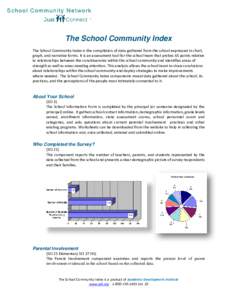 The School Community Index The School Community Index is the compilation of data gathered from the school expressed in chart, graph, and narrative forms. It is an assessment tool for the school team that probes 65 points