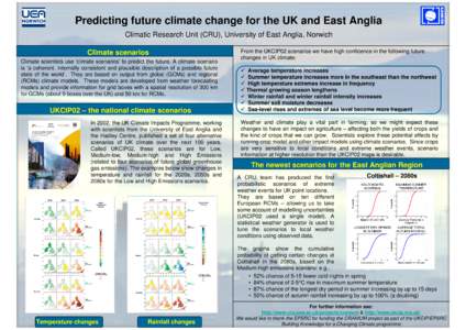 Predicting future climate change for the UK and East Anglia Climatic Research Unit (CRU), University of East Anglia, Norwich Climate scenarios Climate scientists use ‘climate scenarios’ to predict the future. A clima