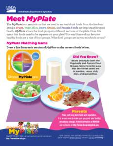 Meet MyPlate  The MyPlate icon reminds us that we need to eat and drink foods from the five food groups. Fruits, Vegetables, Dairy, Grains, and Protein Foods are important for good health. MyPlate shows the food groups i