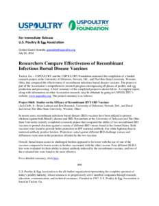 For Immediate Release U.S. Poultry & Egg Association Contact Gwen Venable, [removed] July 14, 2014  Researchers Compare Effectiveness of Recombinant