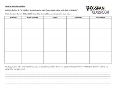 State of the Union Handout Article. II. Section. 3.: “He shall from time to time give to the Congress Information of the State of the Union” Watch President Obama’s 2014 and 2015 State of the Union address, and com