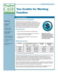 Tax Credits for Working Families Financial Stability Earned Income Tax Credit (EITC) Resources