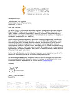 AAFP Letter to Rep. Sarbanes Applauding Introduction of Primary Care Physician Re-Entry Act - September 25, 2014