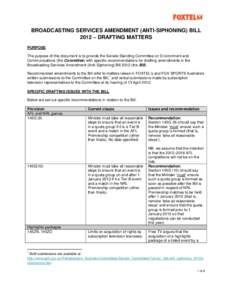 BROADCASTING SERVICES AMENDMENT (ANTI-SIPHONING) BILL 2012 – DRAFTING MATTERS PURPOSE The purpose of this document is to provide the Senate Standing Committee on Environment and Communications (the Committee) with spec