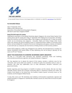 18 Cross Street #07-05 Marsh & McLennan Centre Singapore[removed]  Tel: [removed]  Fax: [removed]  www.4as.org.sg  Reg: 199304251D  For Immediate Release Date: 5th September 2014 Media Contact: Bernard Chan Ass