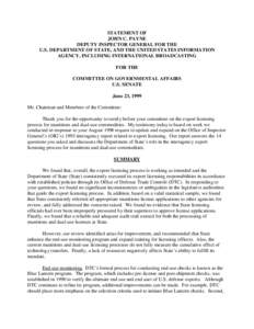 STATEMENT OF JOHN C. PAYNE DEPUTY INSPECTOR GENERAL FOR THE U.S. DEPARTMENT OF STATE, AND THE UNITED STATES INFORMATION AGENCY, INCLUDING INTERNATIONAL BROADCASTING FOR THE