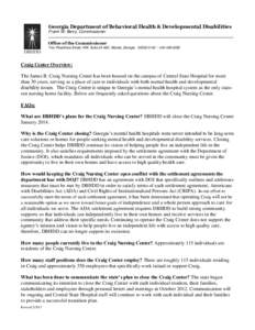 Georgia Department of Behavioral Health & Developmental Disabilities Frank W. Berry, Commissioner Office of the Commissioner Two Peachtree Street, NW, Suite[removed], Atlanta, Georgia[removed] ~ [removed]Craig Cente