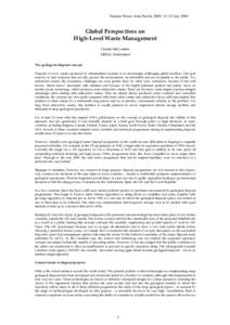 Nuclear Power Asia-Pacific 2005, 12-15 July[removed]Global Perspectives on High-Level Waste Management Charles McCombie ARIUS, Switzerland