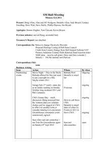 SM Hall Meeting Minutes Feb 2011 Present: Doug Allen, Alan and Jill Hodgson, Danielle Allen, Judy Bryant, Lindsay Swadling, Dave Watt, Steve Reilly, Phillip Diprose, Jim Bryant Apologies: Dennis Hughes, Toni Vincent, Kev