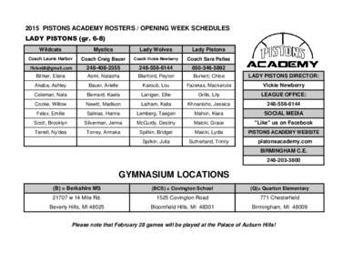 2015 PISTONS ACADEMY ROSTERS / OPENING WEEK SCHEDULES LADY PISTONS (grWildcats Mystics