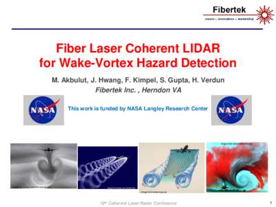 Fiber Laser Coherent LIDAR for Wake-Vortex Hazard Detection M. Akbulut, J. Hwang, F. Kimpel, S. Gupta, H. Verdun Fibertek Inc. , Herndon VA This work is funded by NASA Langley Research Center