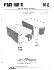 Service Bulletin No. 48, Wang 603, 703, 633, 733, 2203 Paper Tape Readers