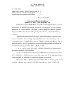 CPG #NM-5073 Certificate of Public Good STATE OF VERMONT PUBLIC SERVICE BOARD CPG #NM-5073 Application of Town of Hartford for a certificate of ) public good for an interconnected group net)