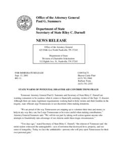 Office of the Attorney General Paul G. Summers Department of State Secretary of State Riley C. Darnell  NEWS RELEASE
