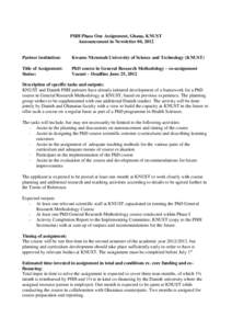 PHH Phase One Assignment, Ghana, KNUST Announcement in Newsletter 04, 2012 Partner institution:  Kwame Nkrumah University of Science and Technology (KNUST)