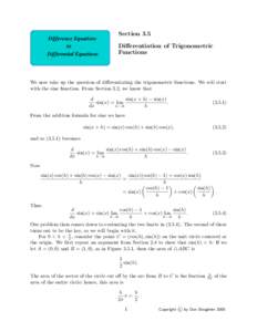 Difference Equations to Differential Equations Section 3.5 Differentiation of Trigonometric