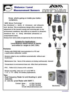 Products  Distance / Level Measurement Sensors  730 The Kingsway Peterborough , Ont. K9J6W6 Canada