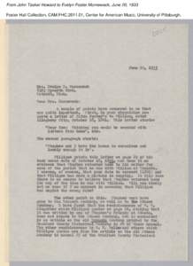 From John Tasker Howard to Evelyn Foster Morneweck, June 20, 1933 Foster Hall Collection, CAM.FHC[removed], Center for American Music, University of Pittsburgh. From John Tasker Howard to Evelyn Foster Morneweck, June 20