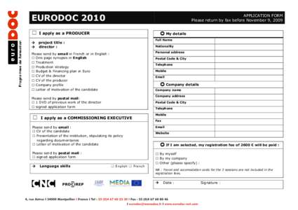 EURODOC 2010 □ I apply as a PRODUCER  