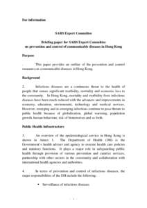 For information  SARS Expert Committee Briefing paper for SARS Expert Committee on prevention and control of communicable diseases in Hong Kong Purpose