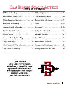 Table of Contents Welcome to San Diego. . . . . . . . . . . . . . . . . . . .2 SDSU Campus Map. . . . . . . . . . . . . . . . . . . .13  Department of Athletics Staff. . . . . . . . . . . . . . .3 Other Ticket Informatio