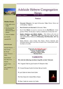 Adelaide Hebrew Congregation News Volume 11 Issue 3 November 19, 2011