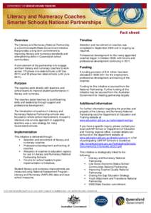 Literacy and Numeracy Coaches Smarter Schools National Partnerships Overview  Timeline