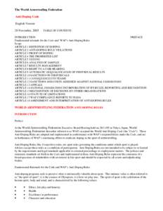 The World Armwrestling Federation Anti-Doping Code English Version 28 November, 2005  TABLE OF CONTENTS